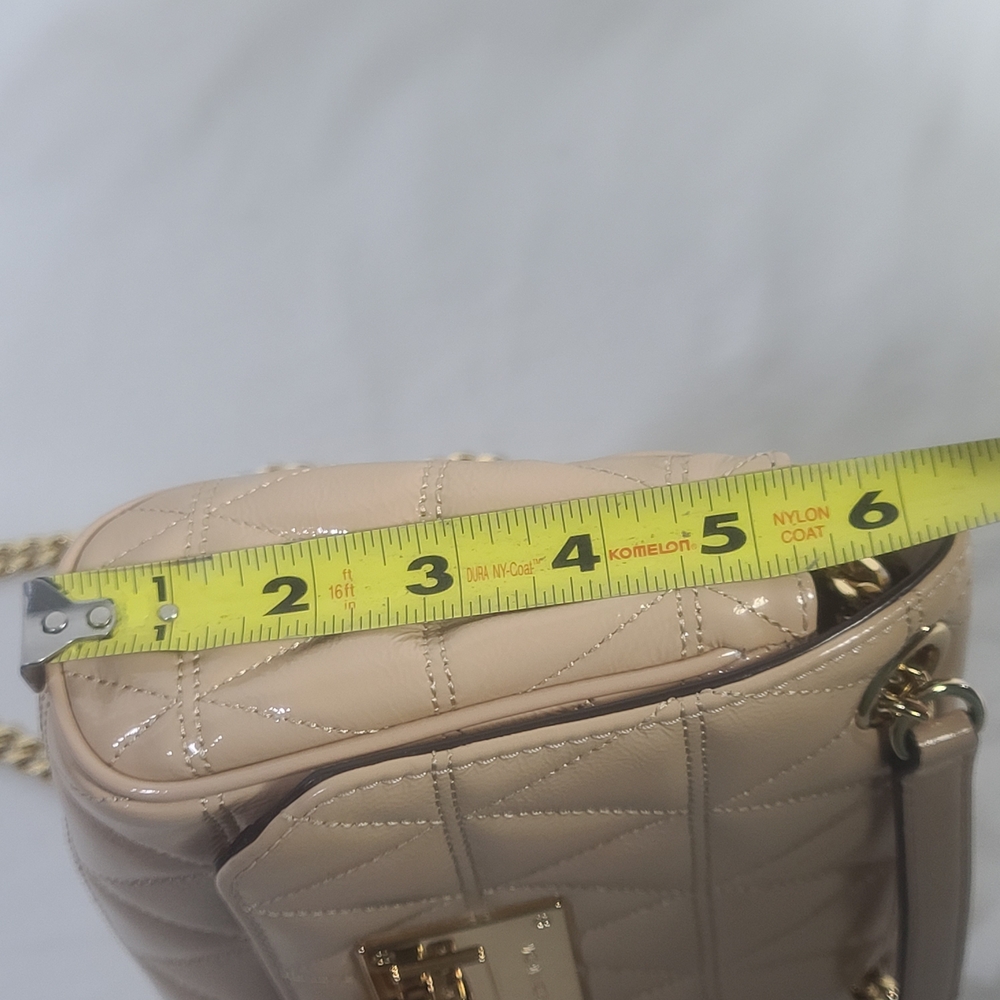 Michael Kors Vivianne Small Flap Shoulder Crossbody Patent Leather Beige Purse - Picture 14 of 16